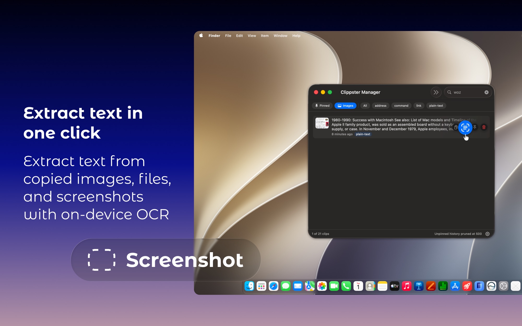 One-click OCR extracting text from a screenshot inside Clippster