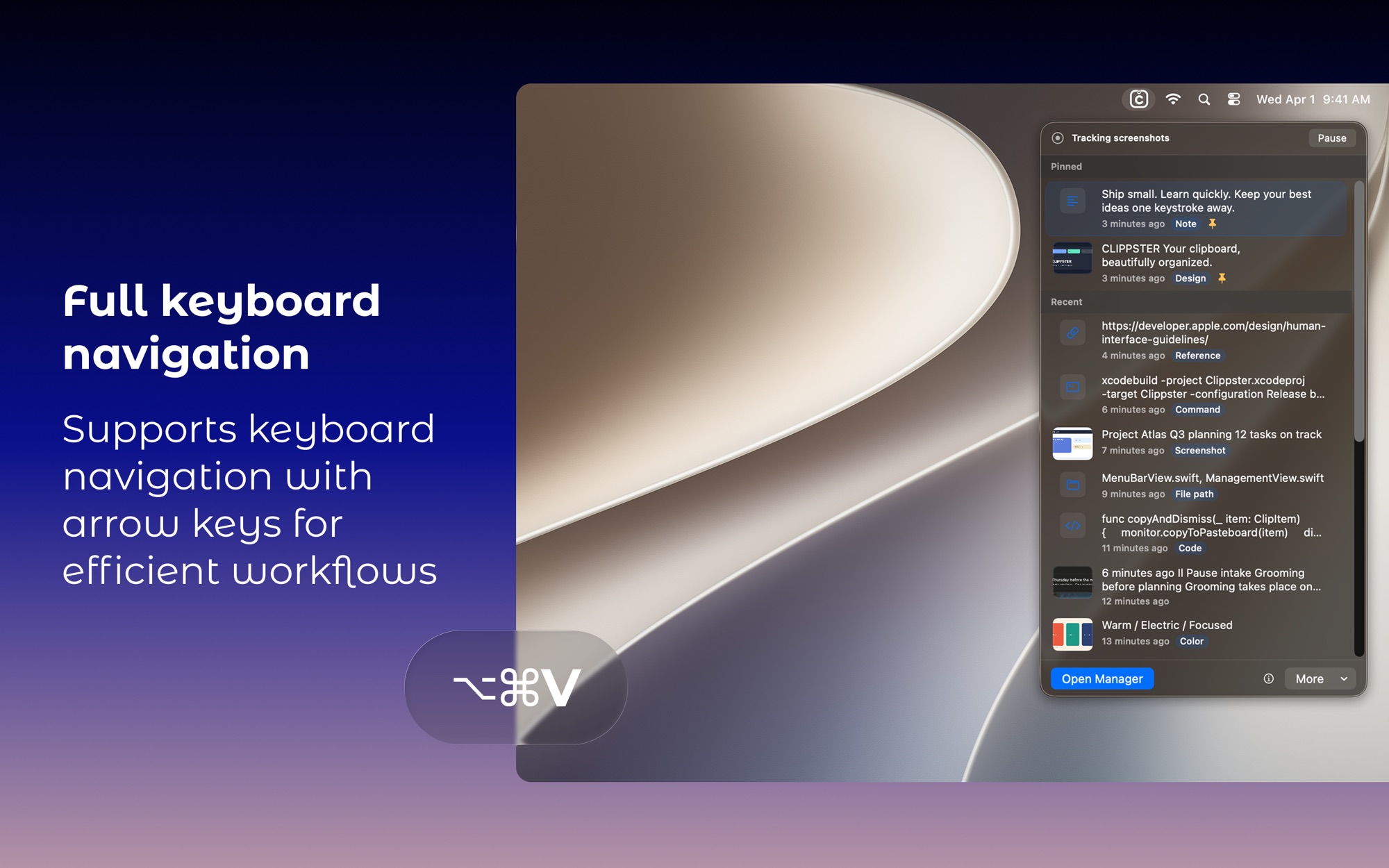 Clippster popover with full keyboard navigation, opened with the ⌥⌘V hotkey